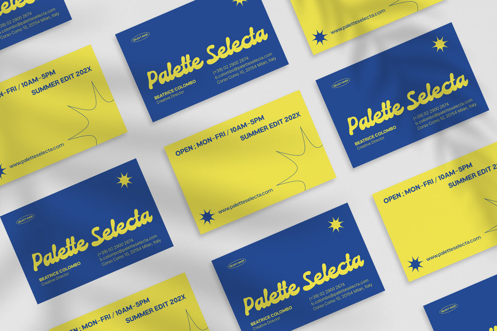 Summer Palette business card – front and back view – colorful typography 300gsm matte finish