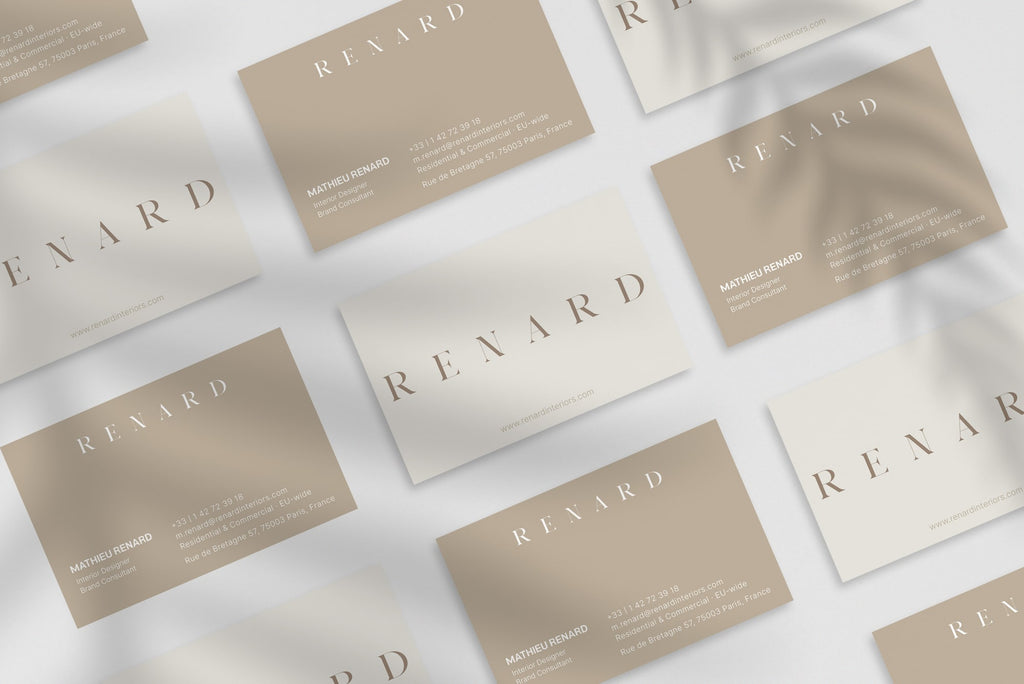 Renard Interiors business card – front and back view – sophisticated typography 300gsm matte finish