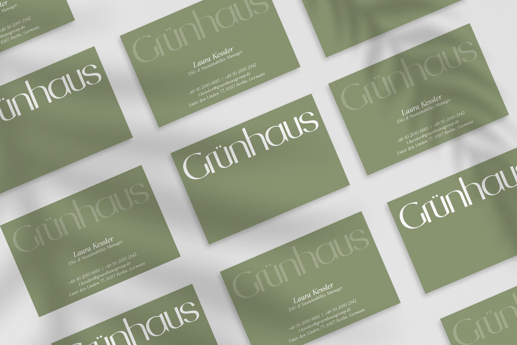 Grunhaus Group business card – front and back view – corporate typography 300gsm matte finish