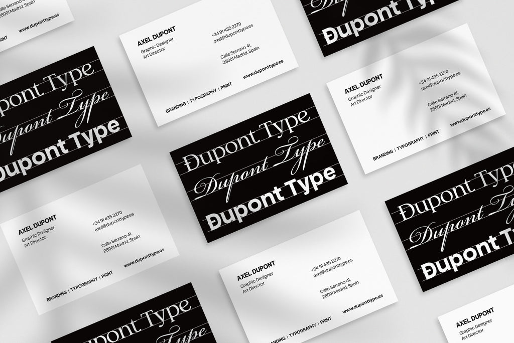 Dupont Type business card – front and back view – typographic typography 300gsm matte finish