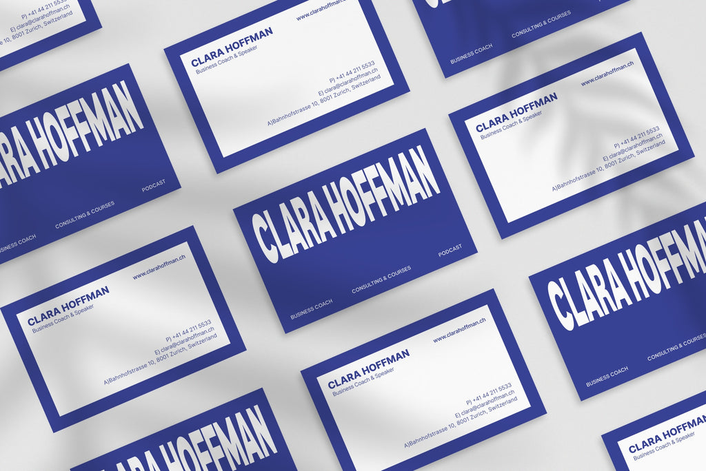Clara Hoffman business card – front and back view – clean typography 300gsm matte finish