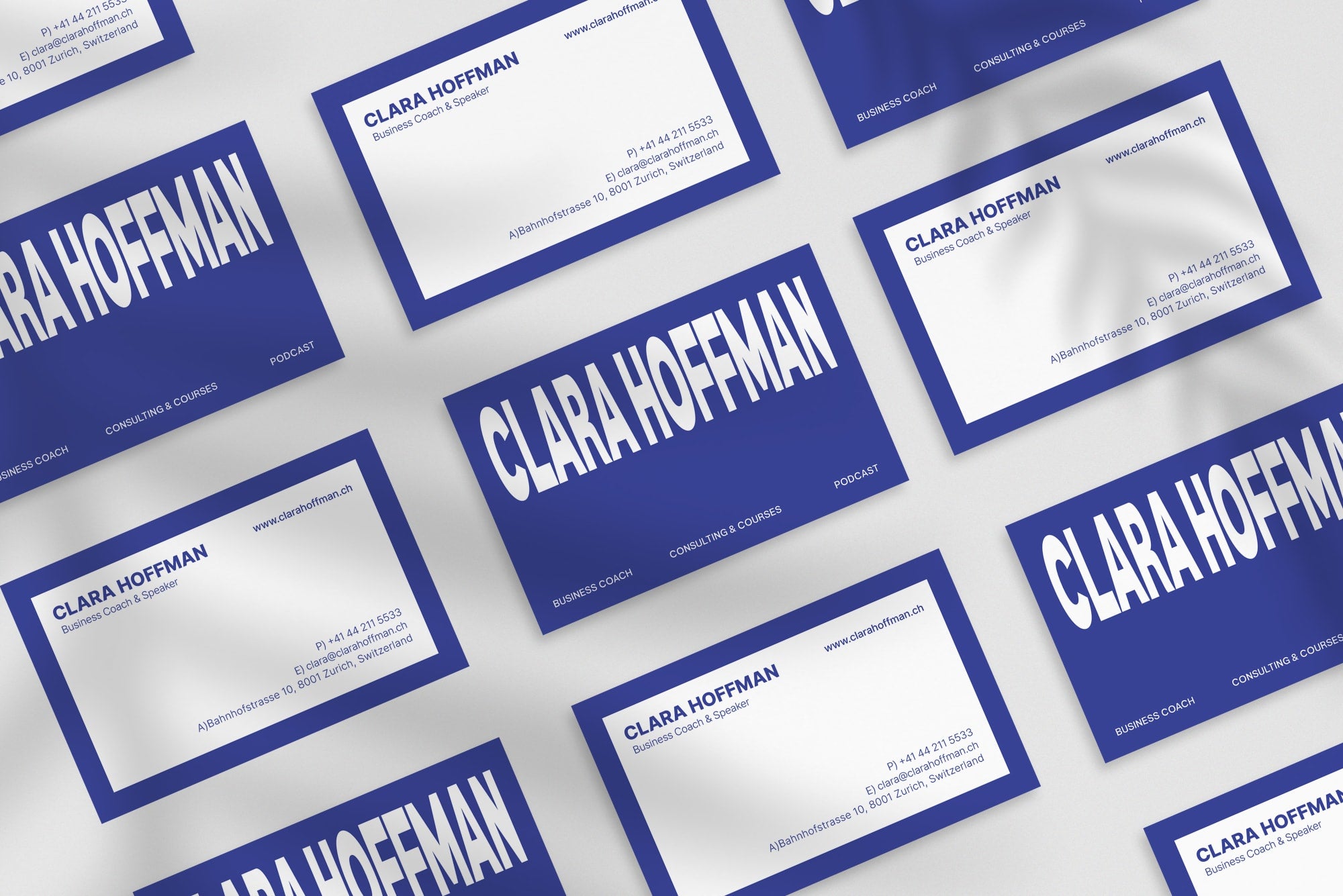 Clara Hoffman business card – front and back view – clean typography 300gsm matte finish