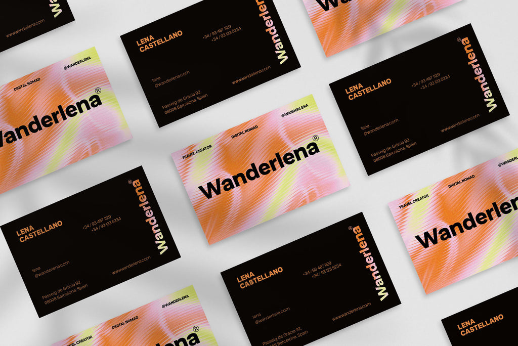 Wanderlena business card – front and back view – wanderlust typography 300gsm matte finish