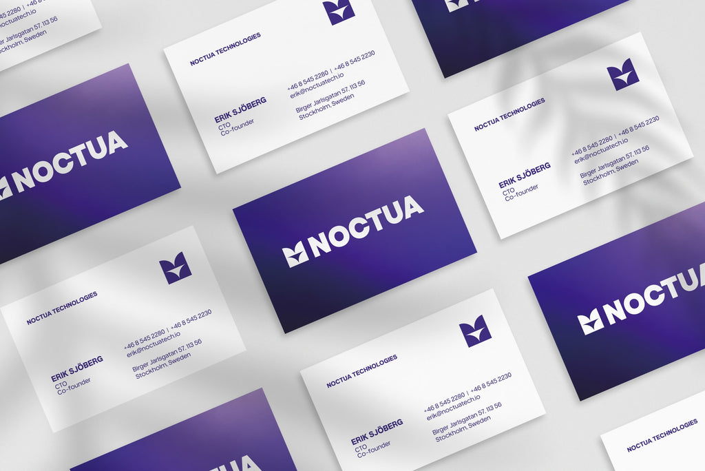 Noctua Technologies business card – front and back view – tech typography 300gsm matte finish
