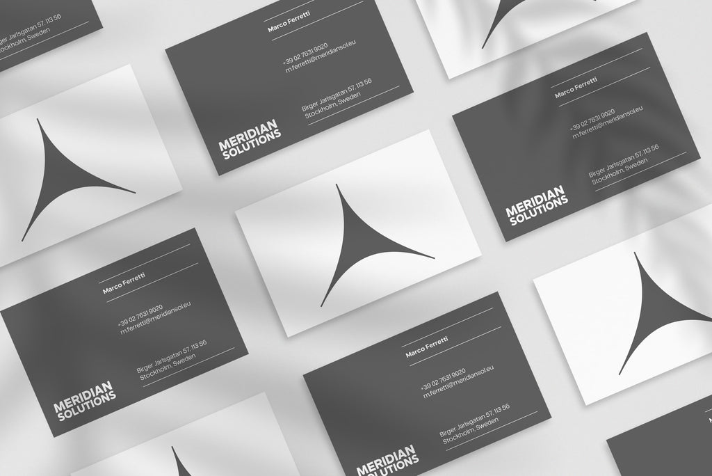 Meridian Solutions business card – front and back view – formal typography 300gsm matte finish