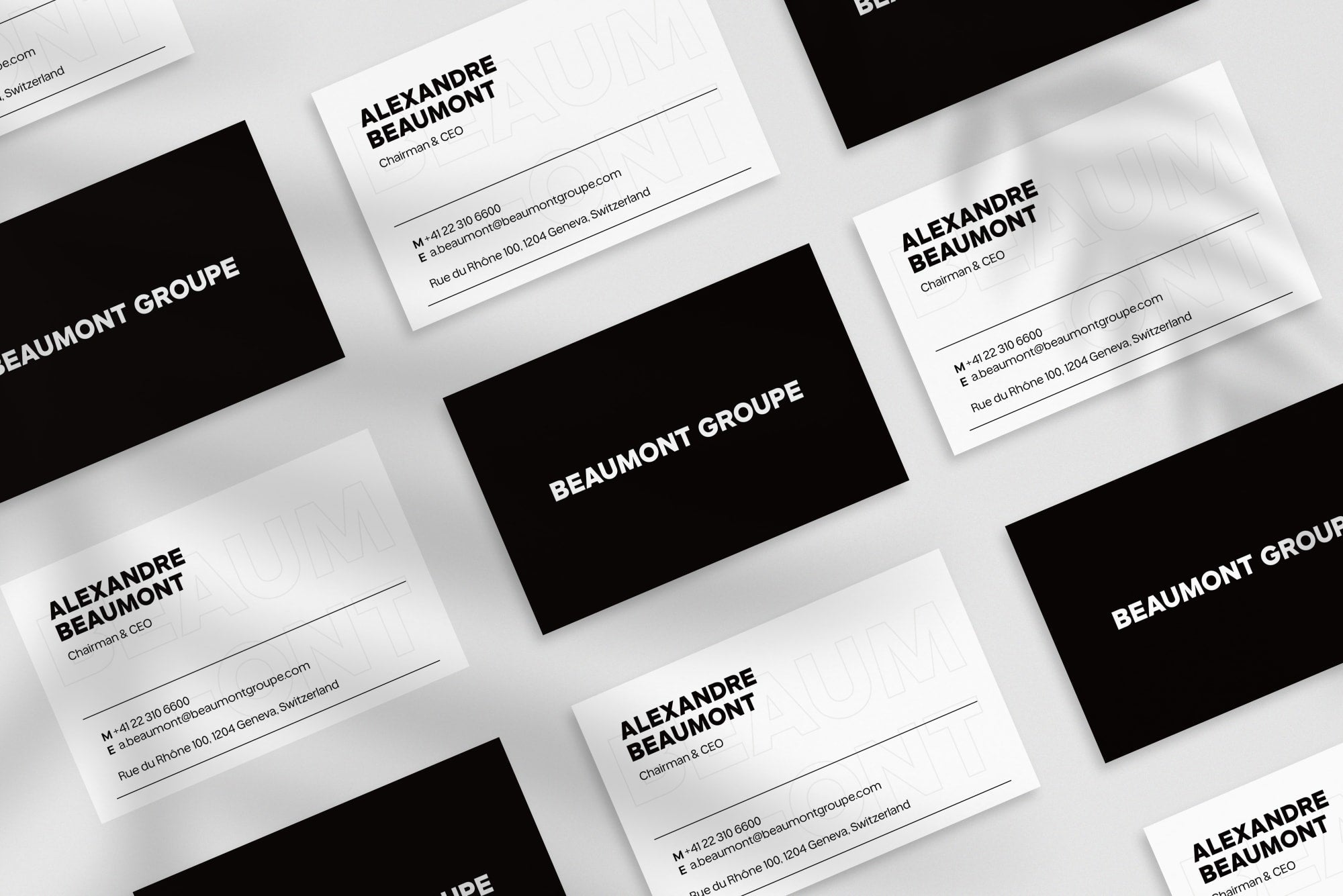 Beaumont Groupe business card – front and back view – prestige typography 300gsm matte finish