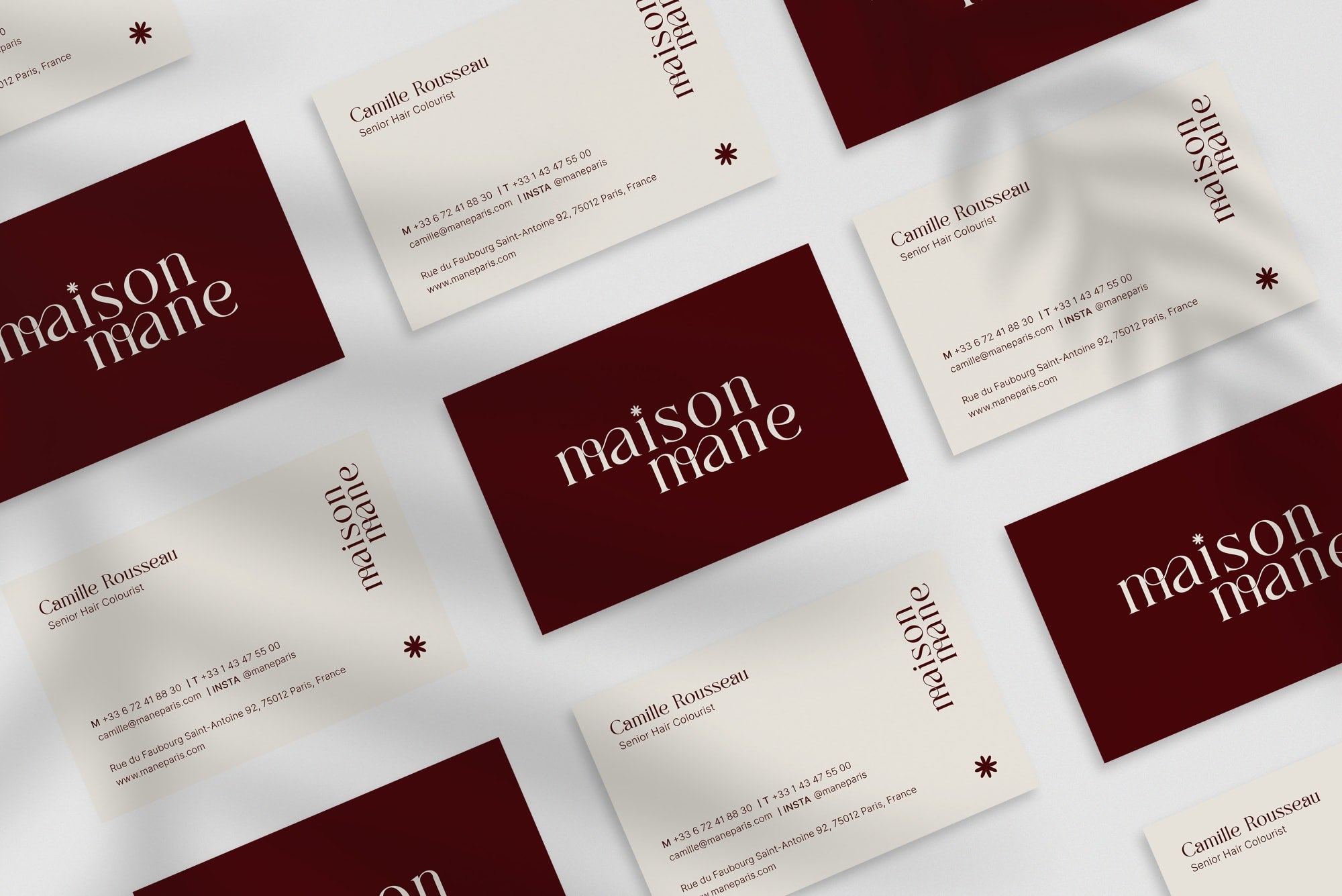 Maison Mane business card – front and back view – chic typography 300gsm matte finish