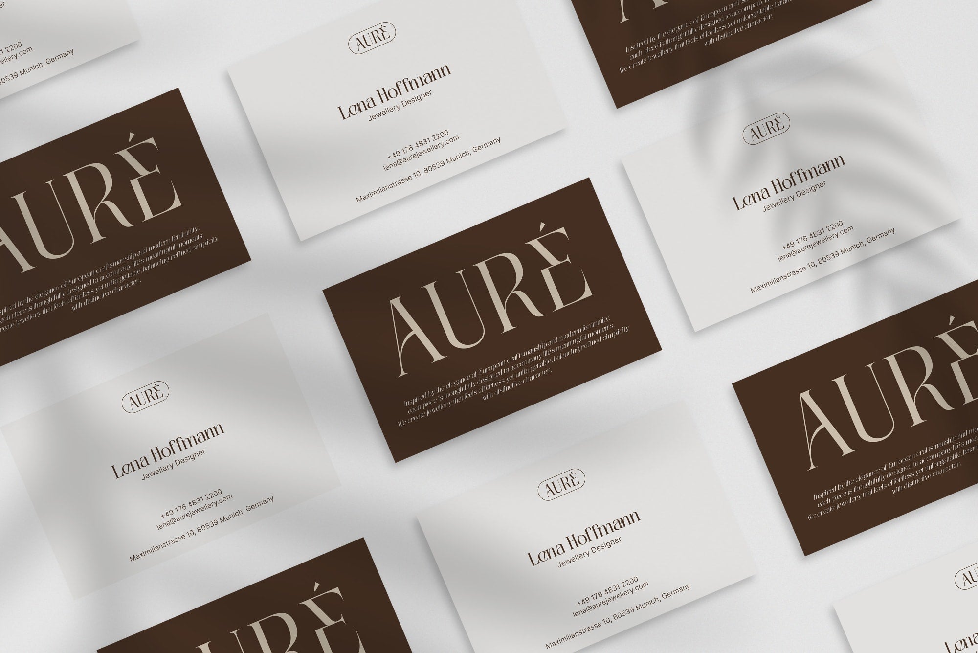 Aure Jewellery business card – front and back view – refined typography 300gsm matte finish