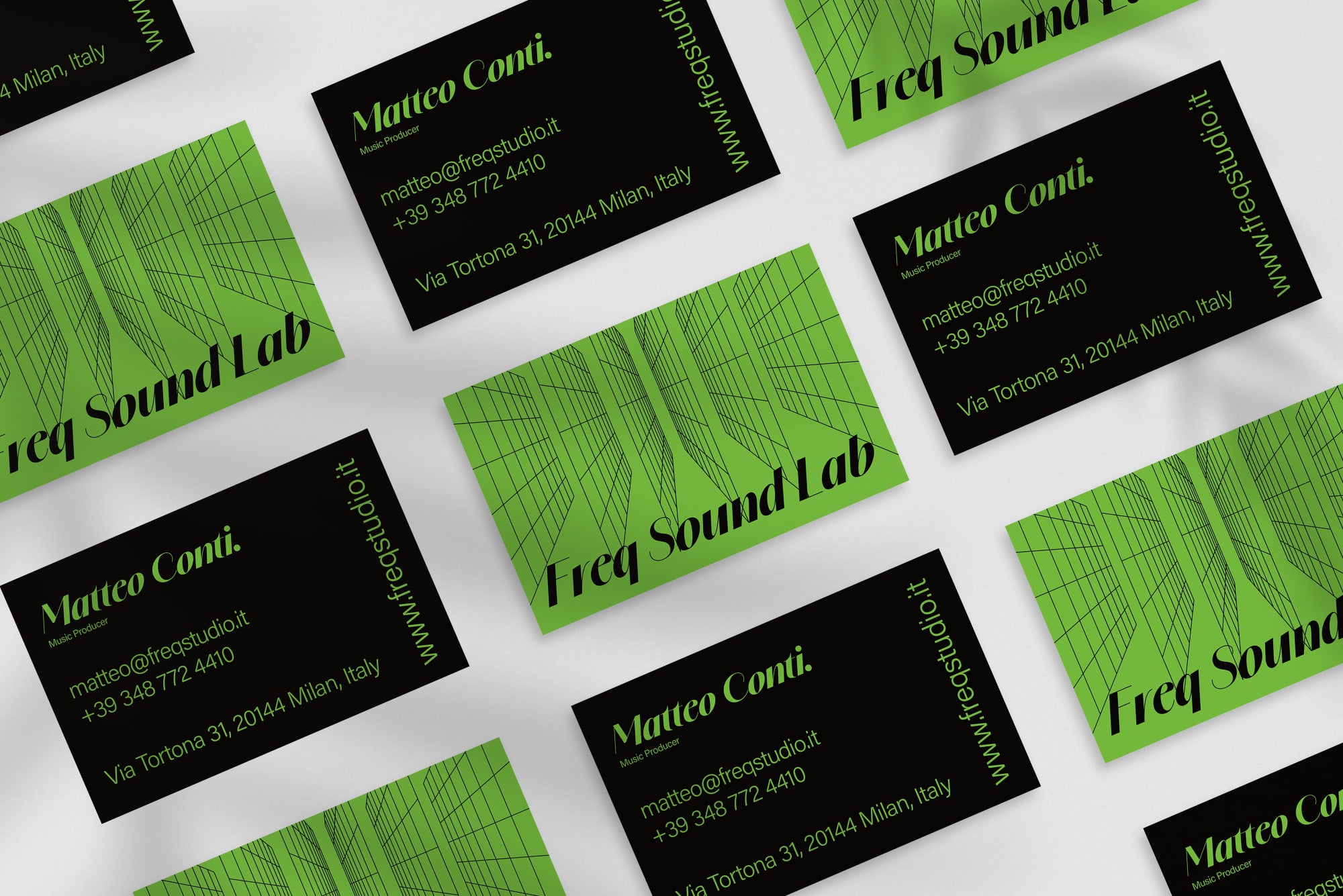 Freq Sound Lab business card – front and back view – dark typography 300gsm matte finish