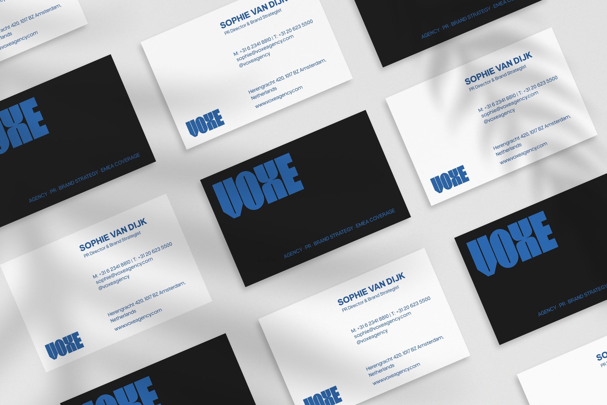 Voxe Agency business card – front and back view – agency typography 300gsm matte finish