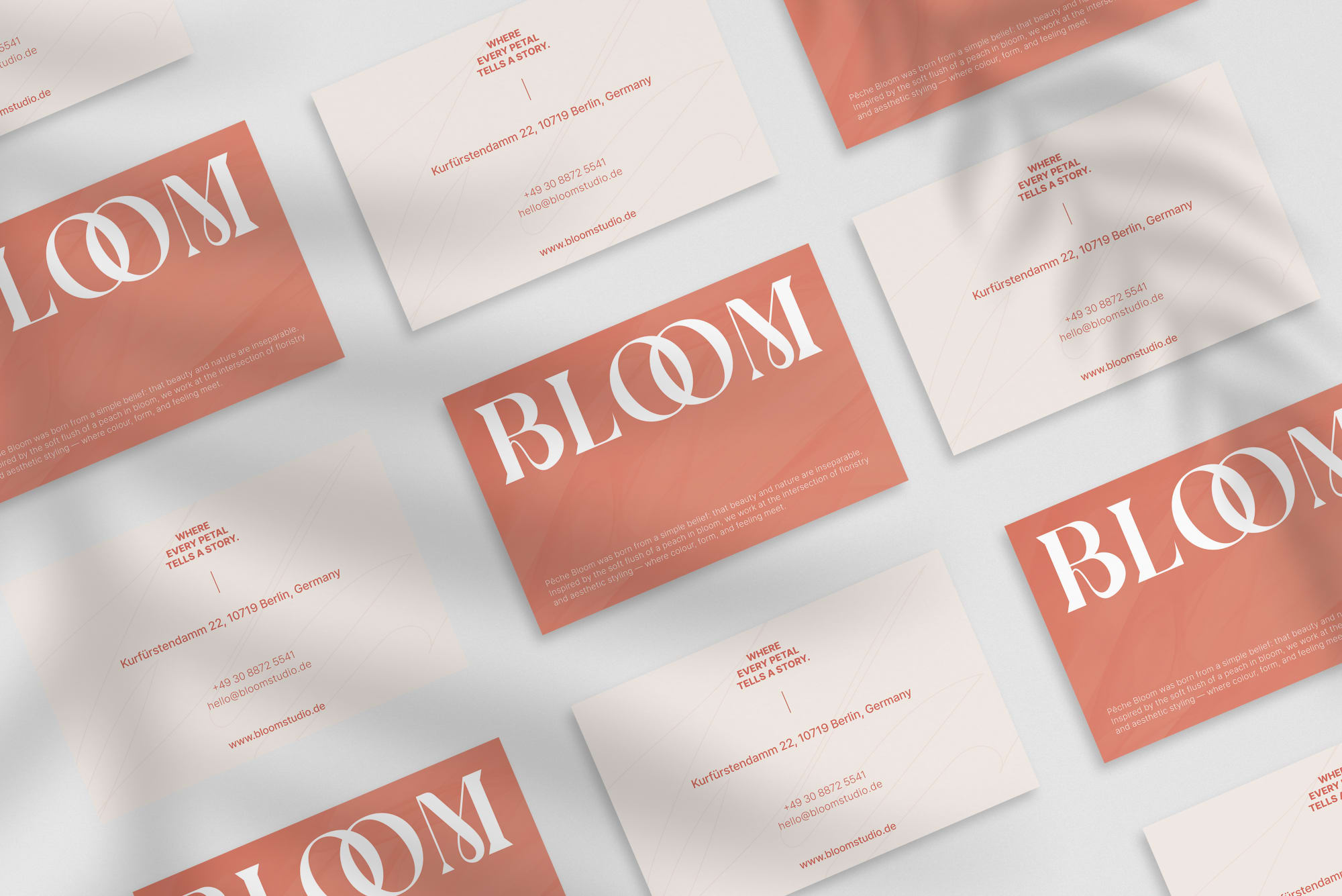 Peche Bloom business card – front and back view – botanical typography 300gsm matte finish