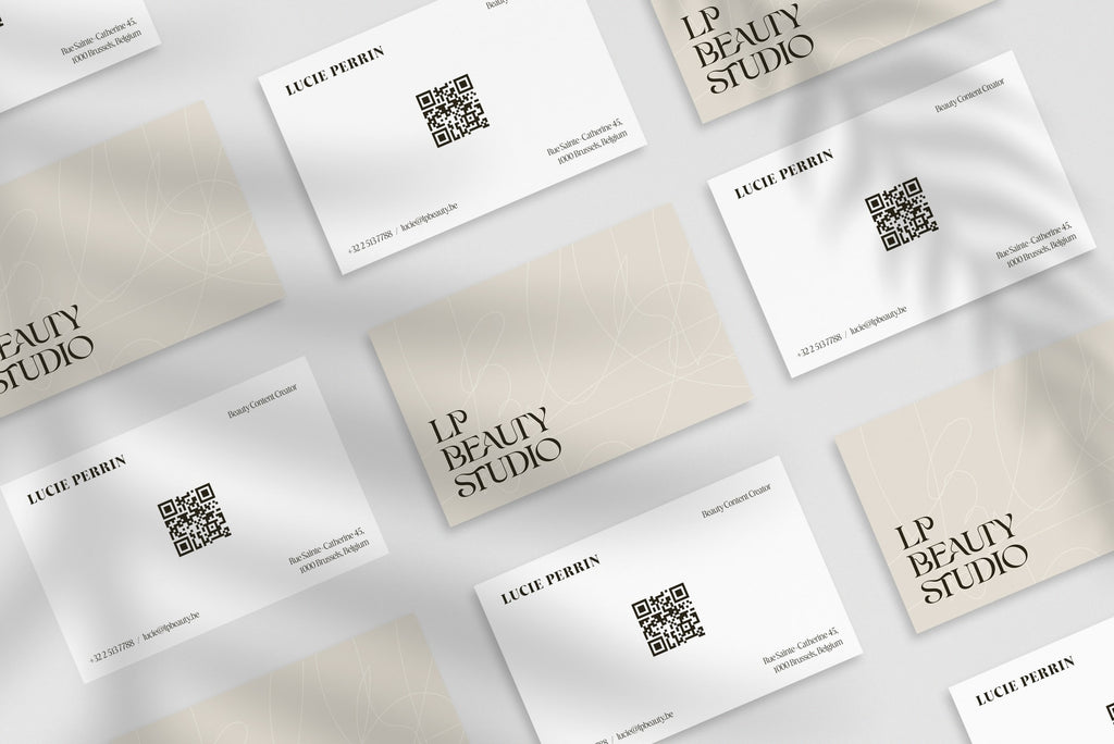 QR Code Minimalist business card – front and back view – modern typography 300gsm matte finish