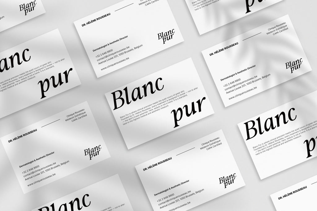 Blanc Pur business card – front and back view – luxury typography 300gsm matte finish