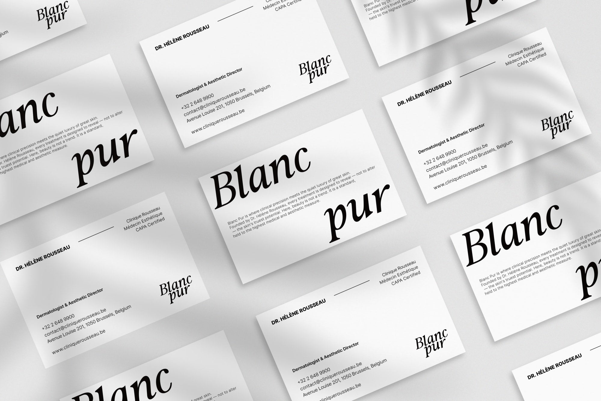 Blanc Pur business card – front and back view – luxury typography 300gsm matte finish