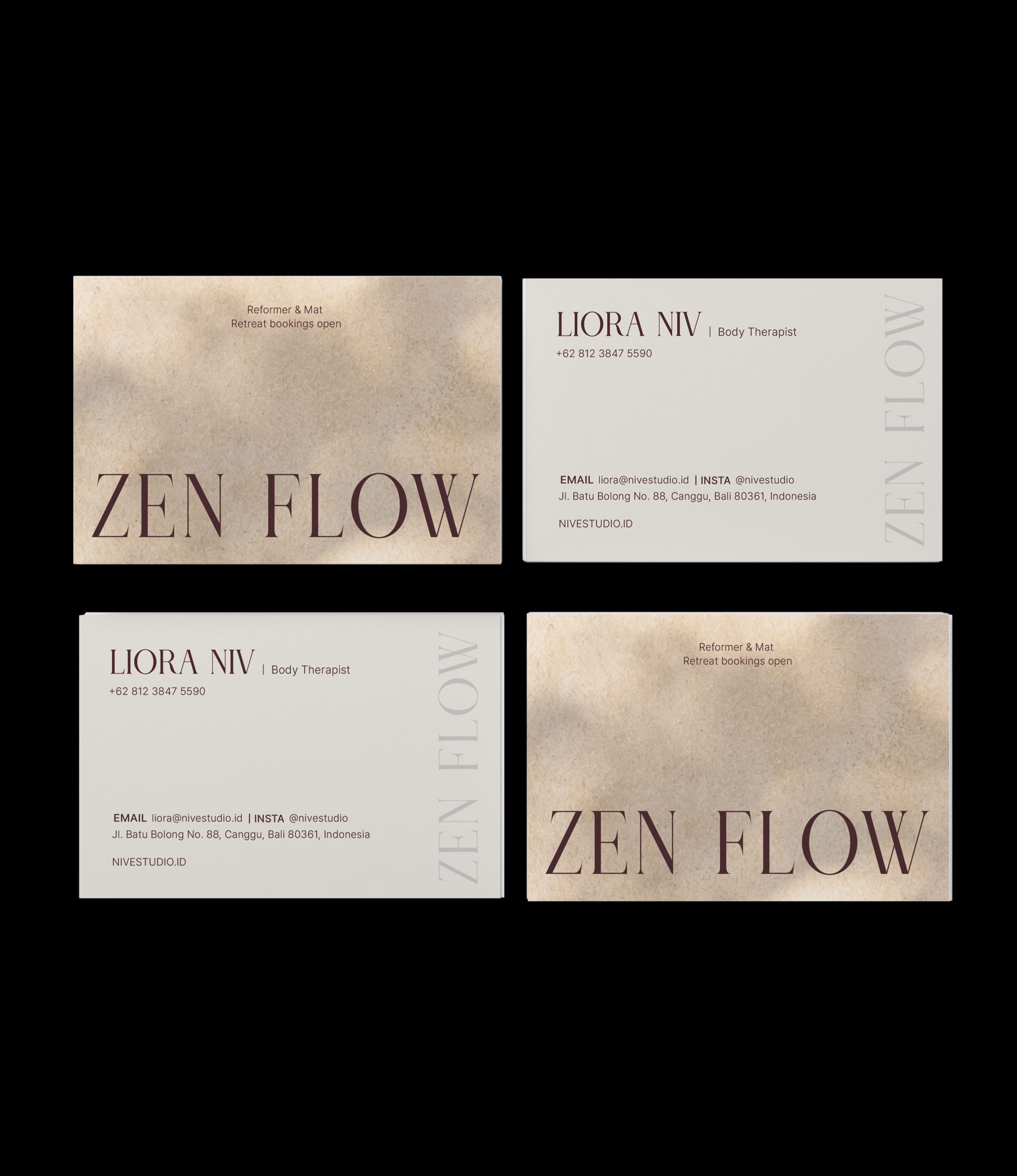 Custom printed pilates instructor business card – sand beige semi-custom design – worldwide shipping