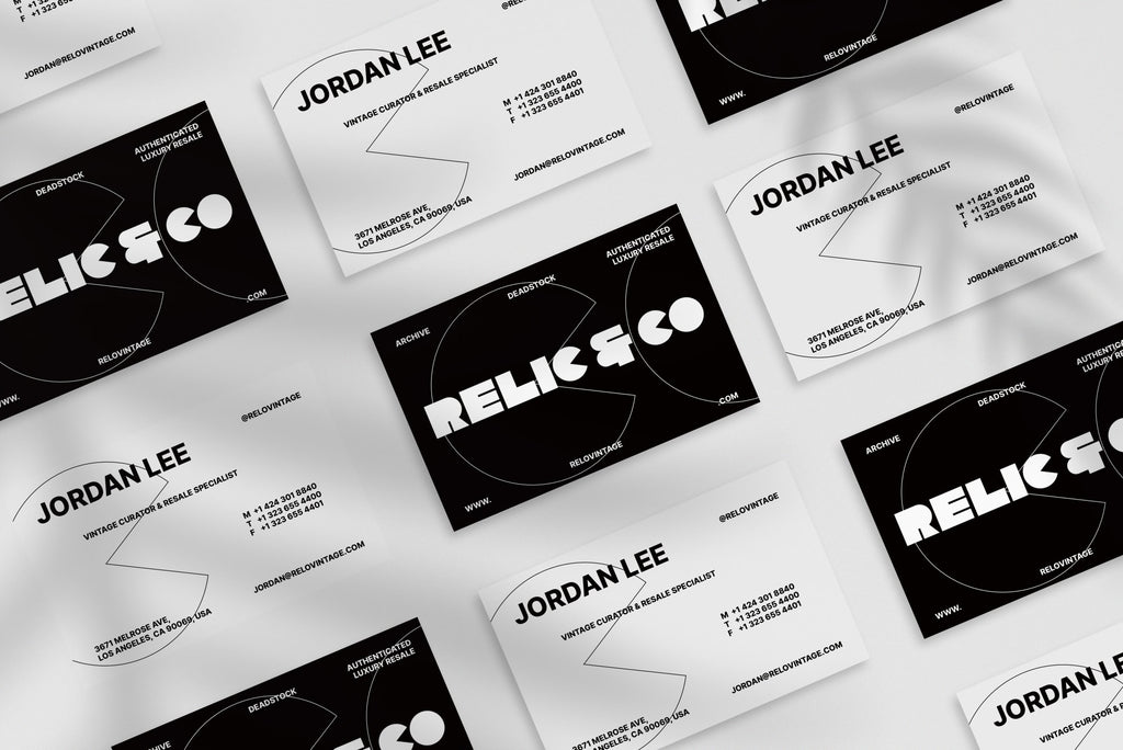 Relic & Co business card – front and back view – retro design 300gsm matte finish