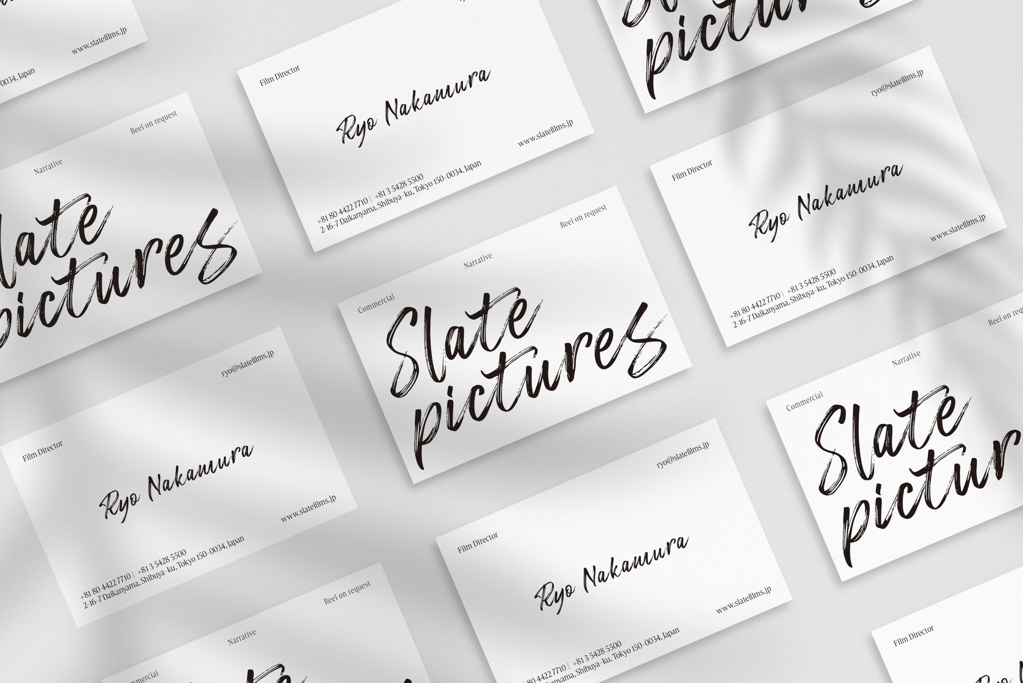 Slate Pictures business card – front and back view – cinematic design 300gsm matte finish