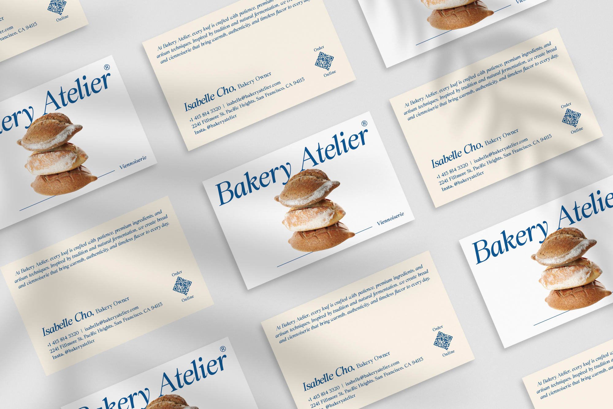 Bakery Atelier business card – front and back view – artisan design 300gsm matte finish