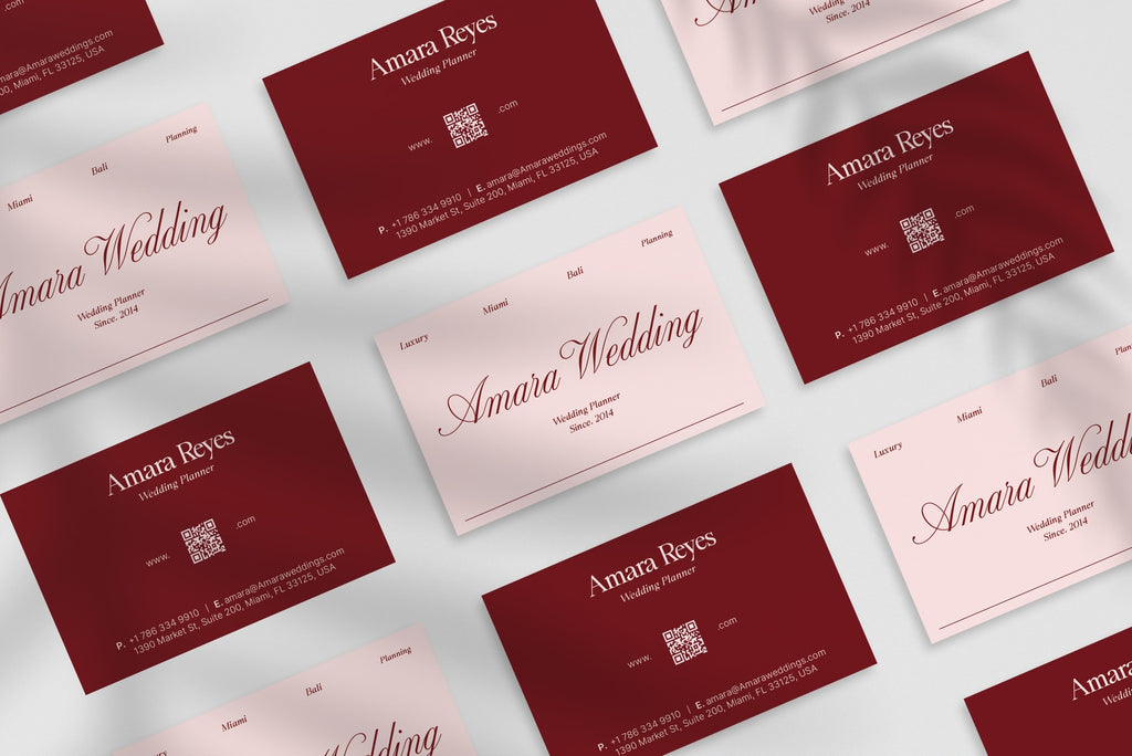 Amara Wedding business card – front and back view – romantic design 300gsm matte finish