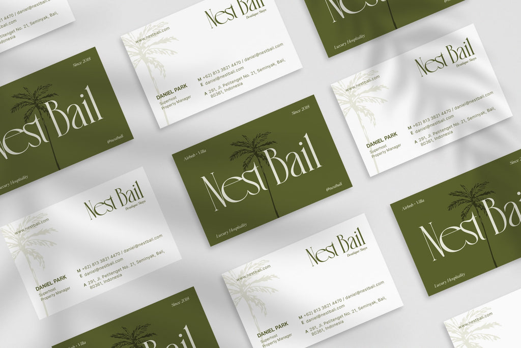 Nest Bali business card – front and back view – tropical design 300gsm matte finish