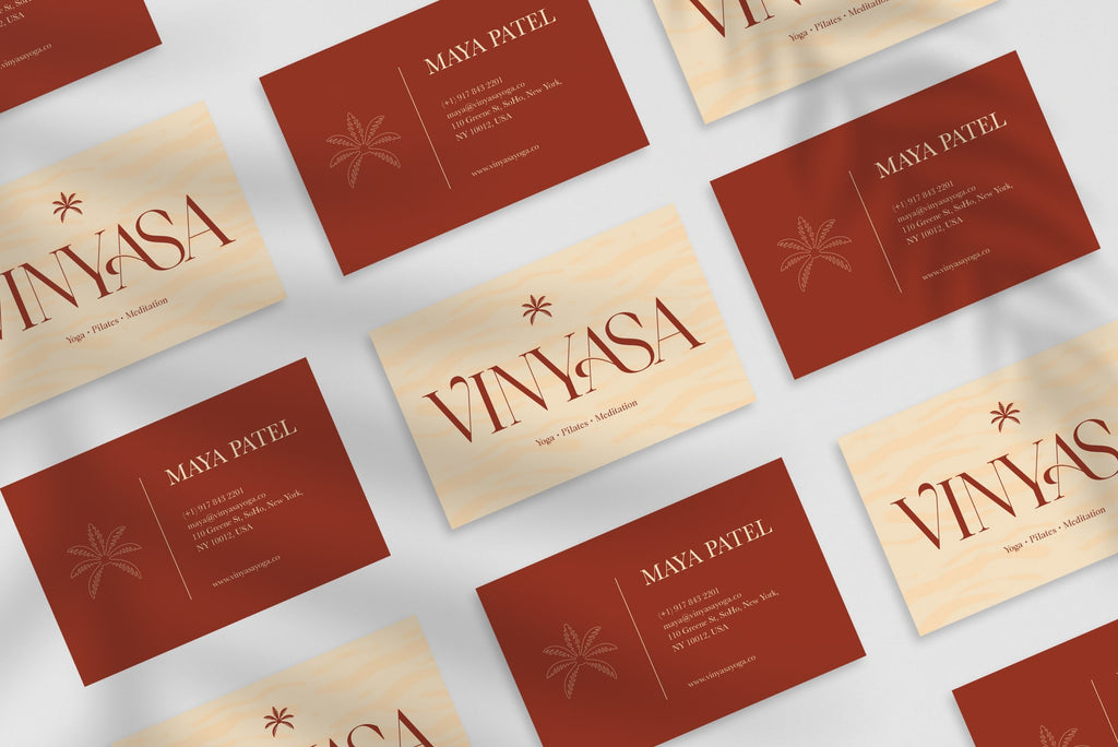 Vinyasa business card – front and back view – earthy design 300gsm matte finish