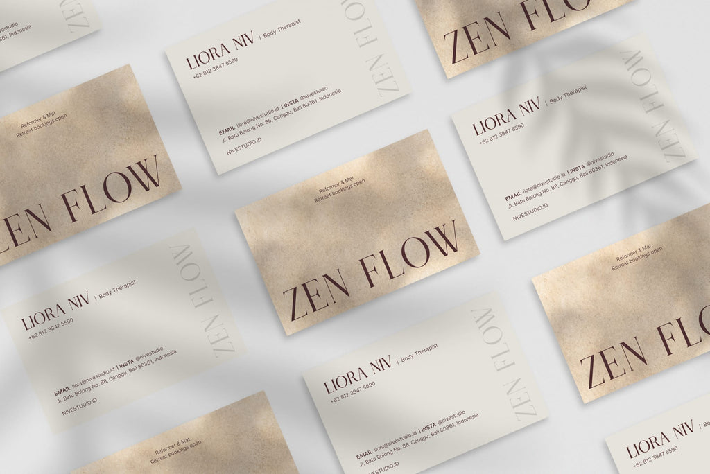 Zen Flow business card – front and back view – sand beige design 300gsm matte finish