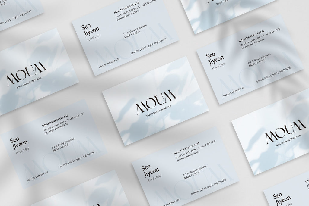 Moum business card – front and back view – misty blue design 300gsm matte finish