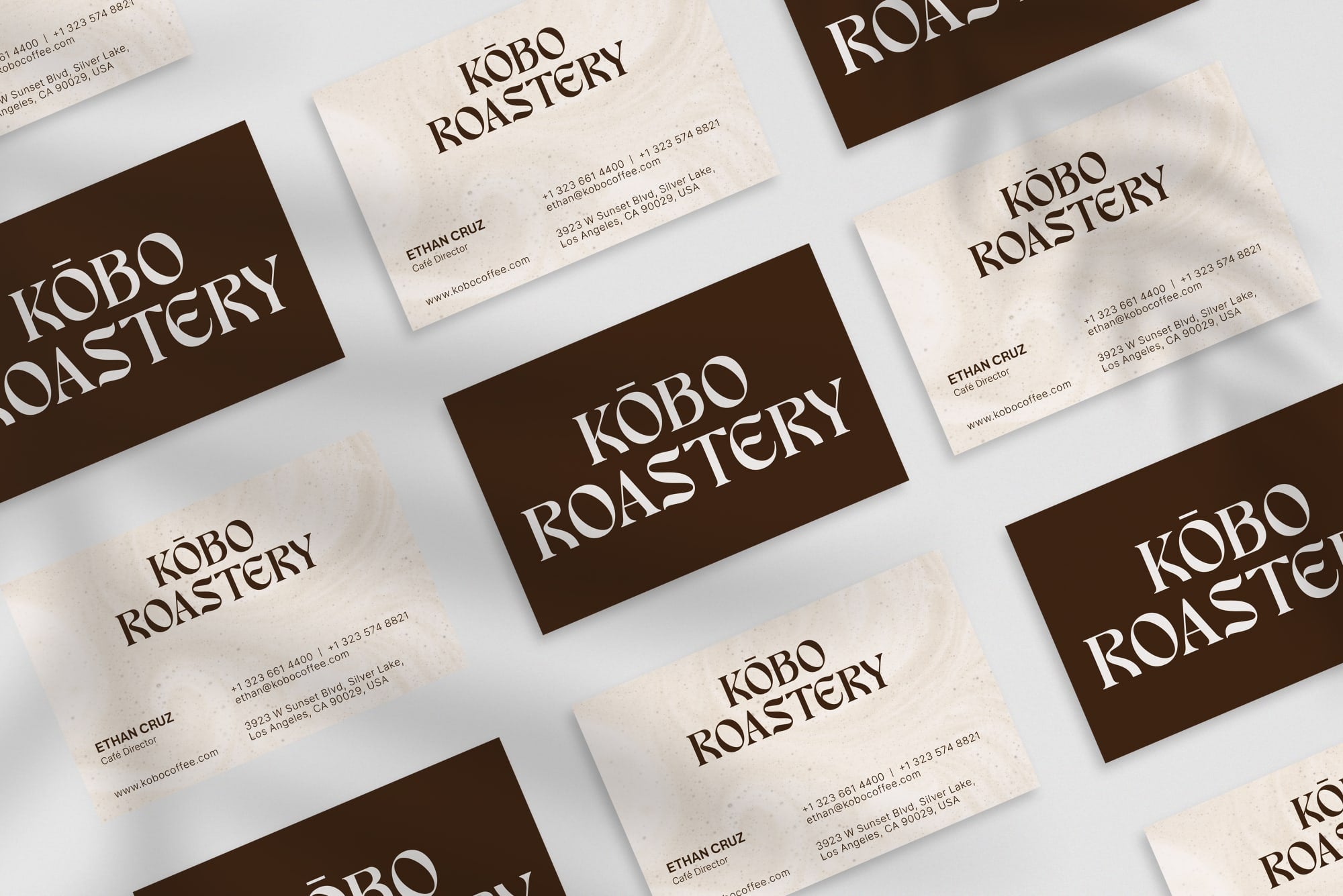 Kōbo Roastery business card – front and back view – espresso brown design 300gsm matte finish
