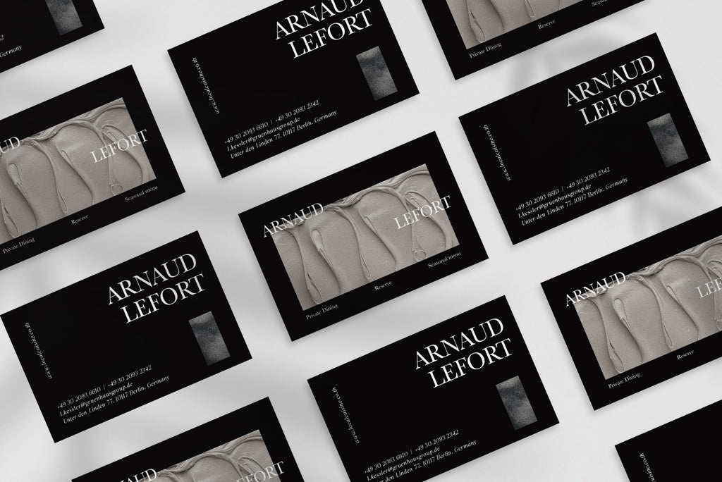 Arnaud Lefort business card – front and back view – dark editorial design 300gsm matte finish