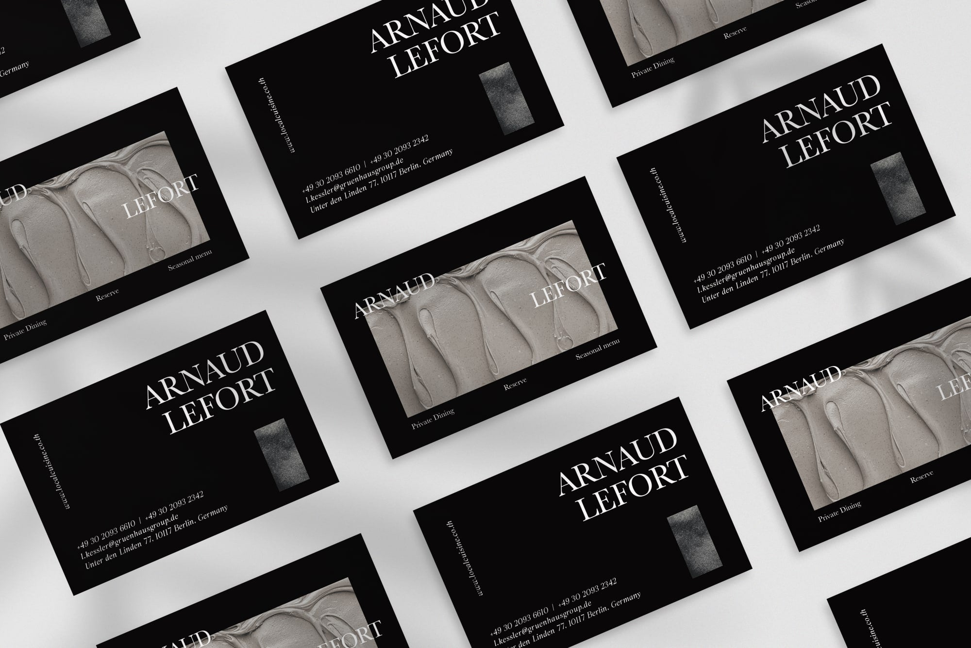 Arnaud Lefort business card – front and back view – dark editorial design 300gsm matte finish