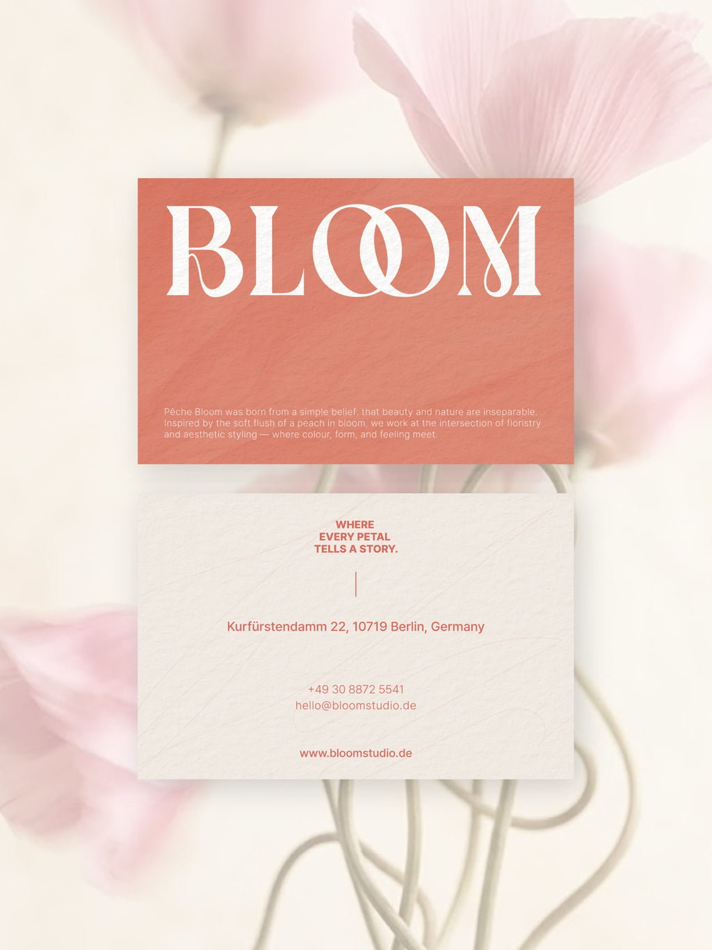 Florist business card – Peche Bloom botanical design – printed 300gsm matte cardstock
