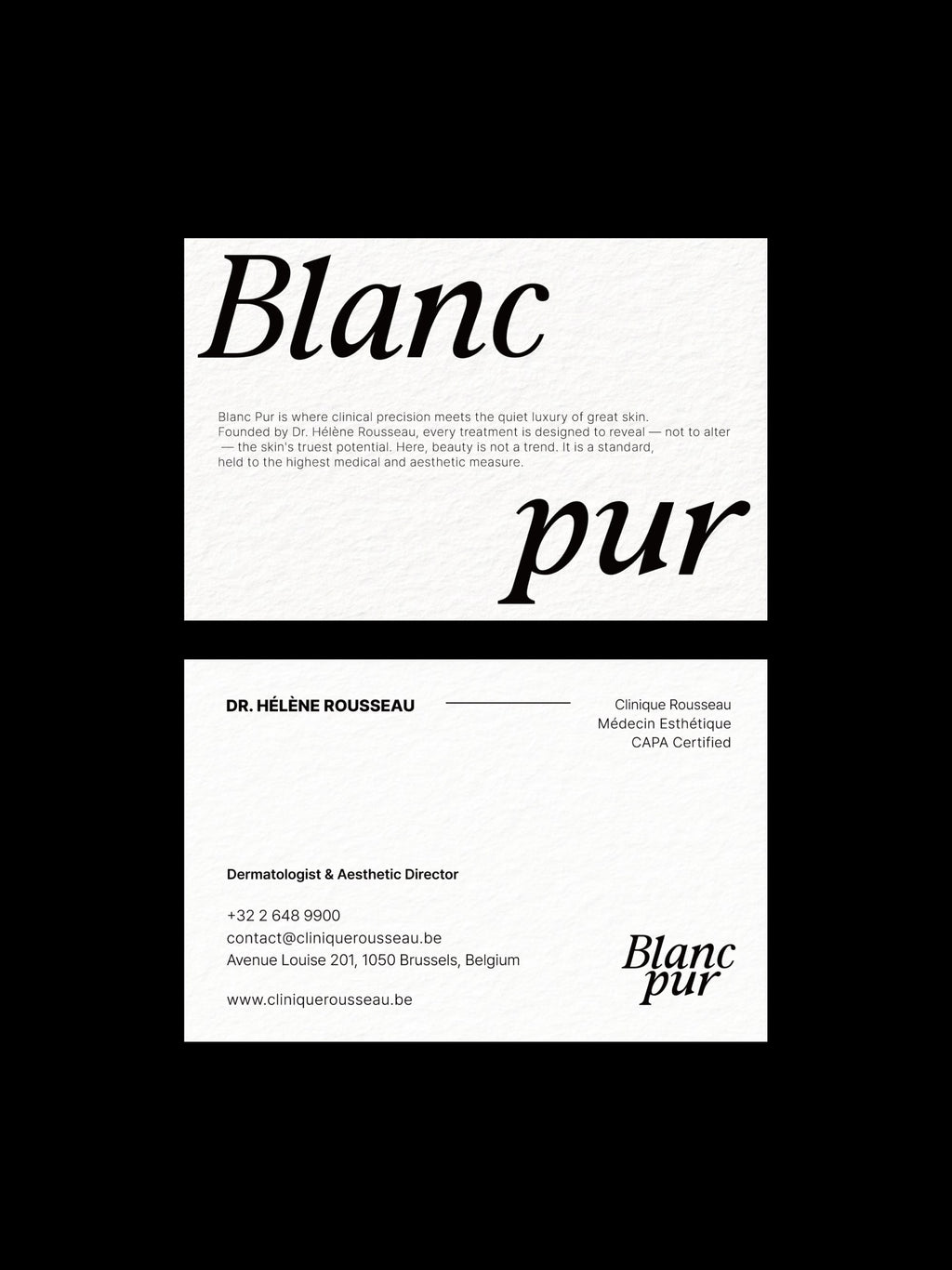Aesthetic Clinic business card – Blanc Pur luxury design – printed 300gsm matte cardstock