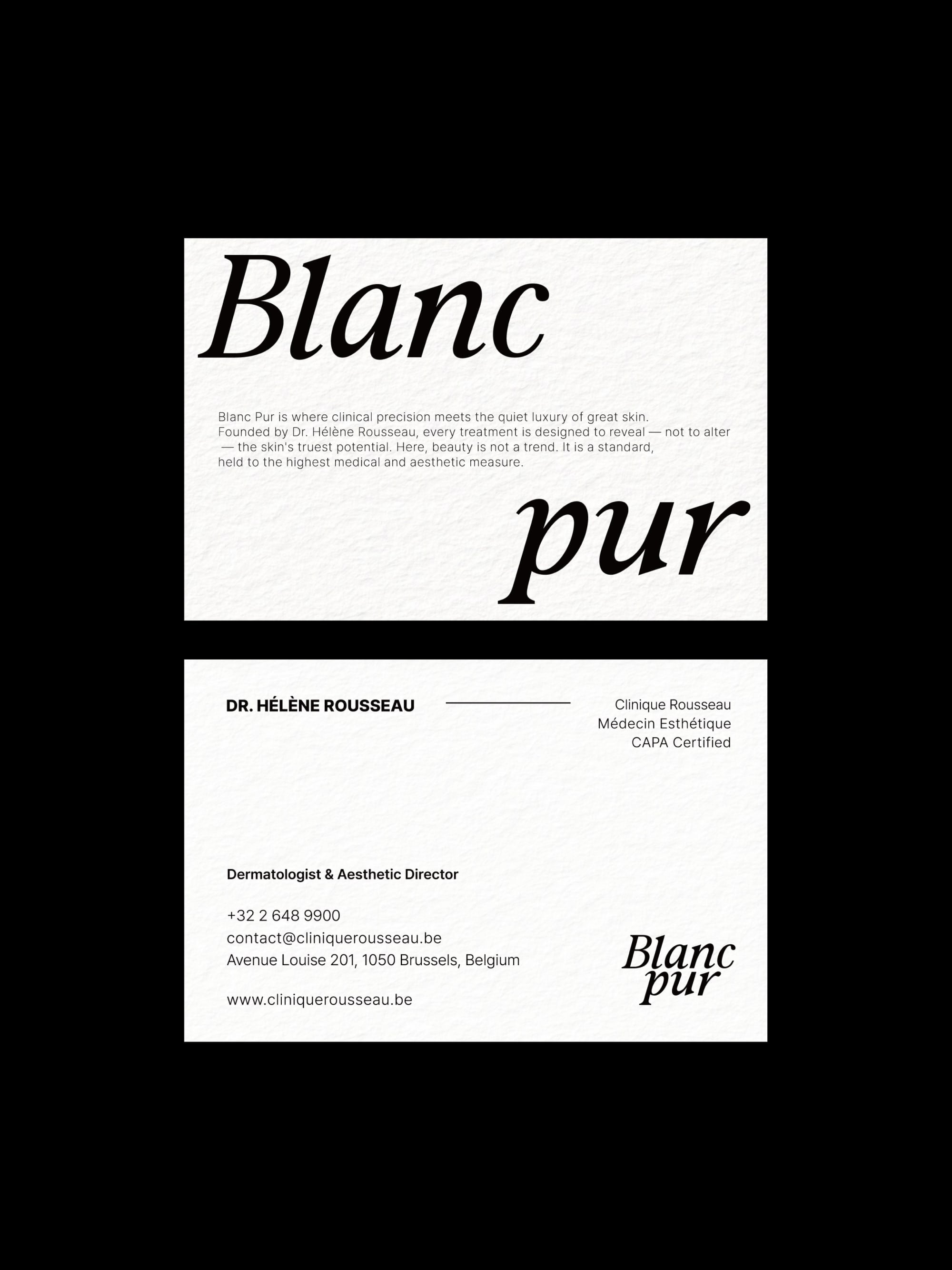 Aesthetic Clinic business card – Blanc Pur luxury design – printed 300gsm matte cardstock