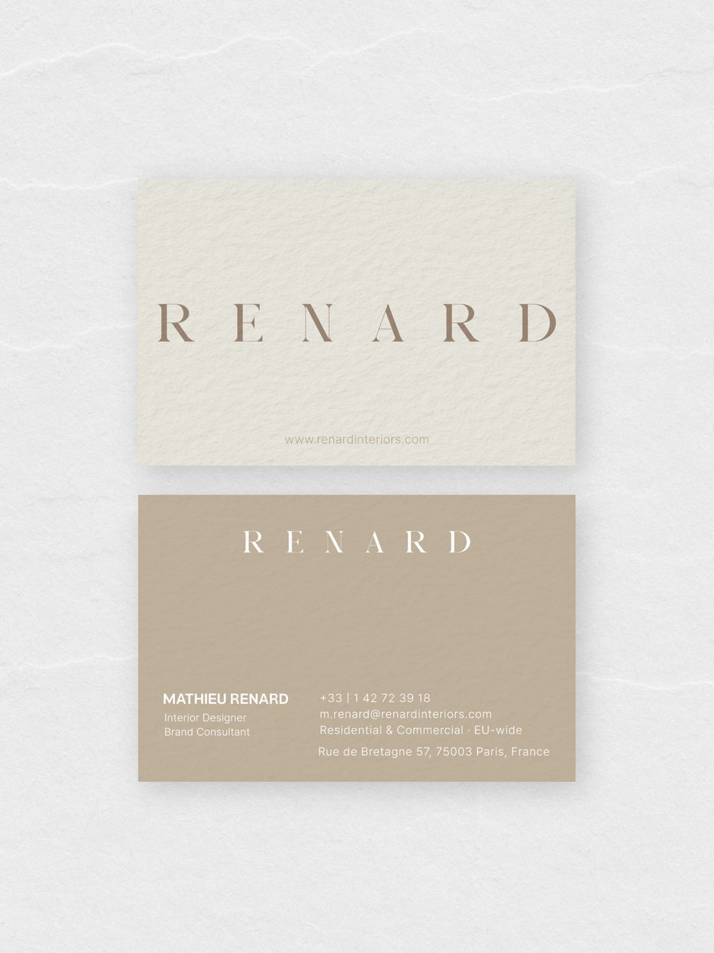 Interior Designer business card – Renard Interiors sophisticated design – printed 300gsm matte cardstock