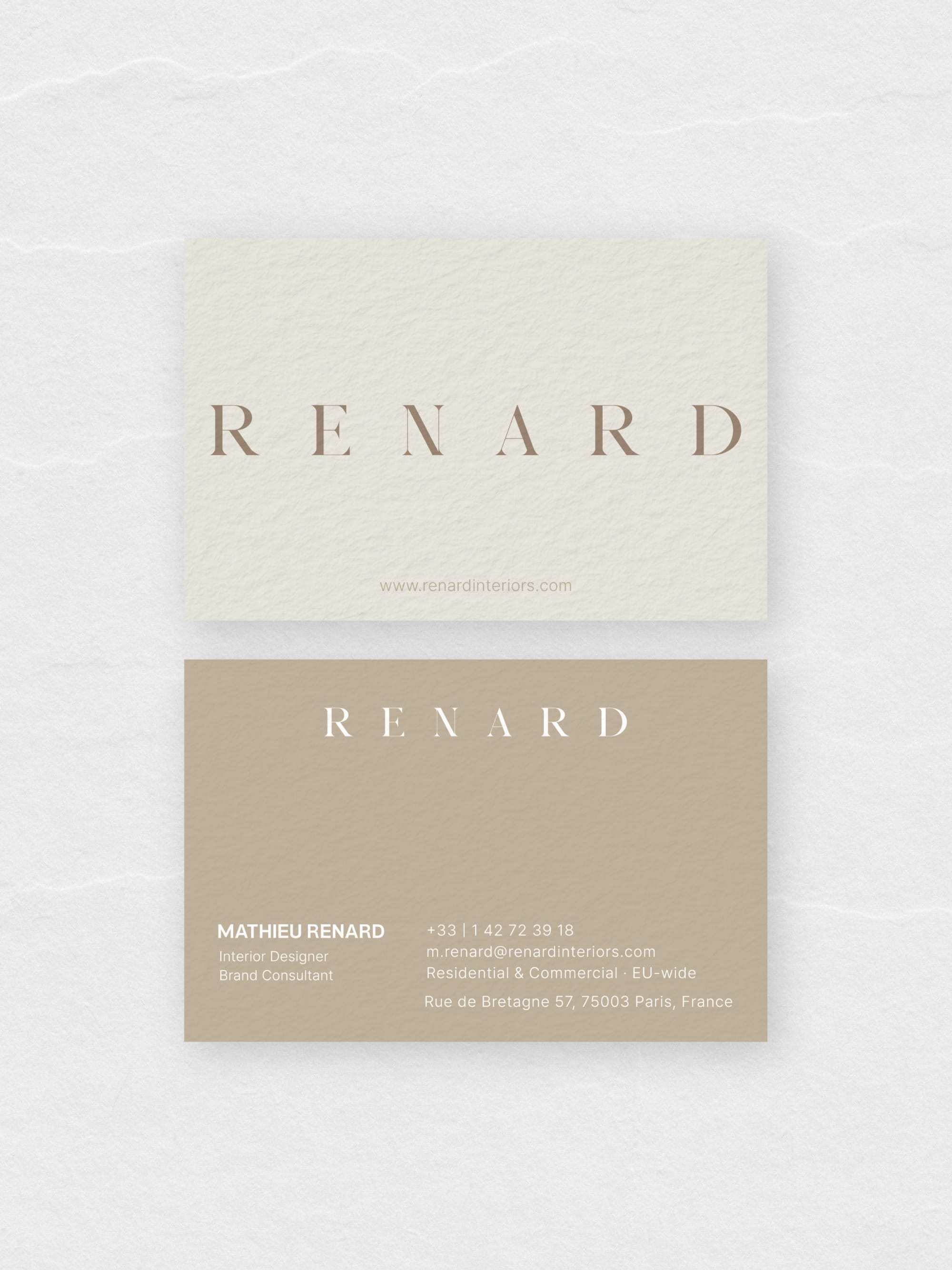 Interior Designer business card – Renard Interiors sophisticated design – printed 300gsm matte cardstock