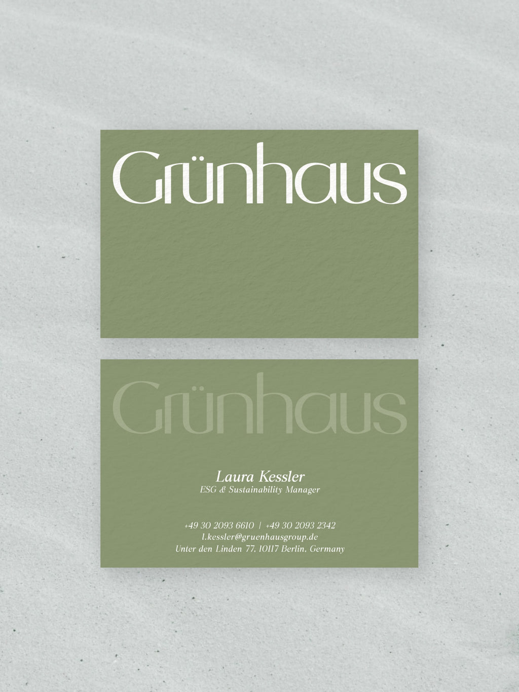 Sustainability Manager business card – Grunhaus Group corporate design – printed 300gsm matte cardstock