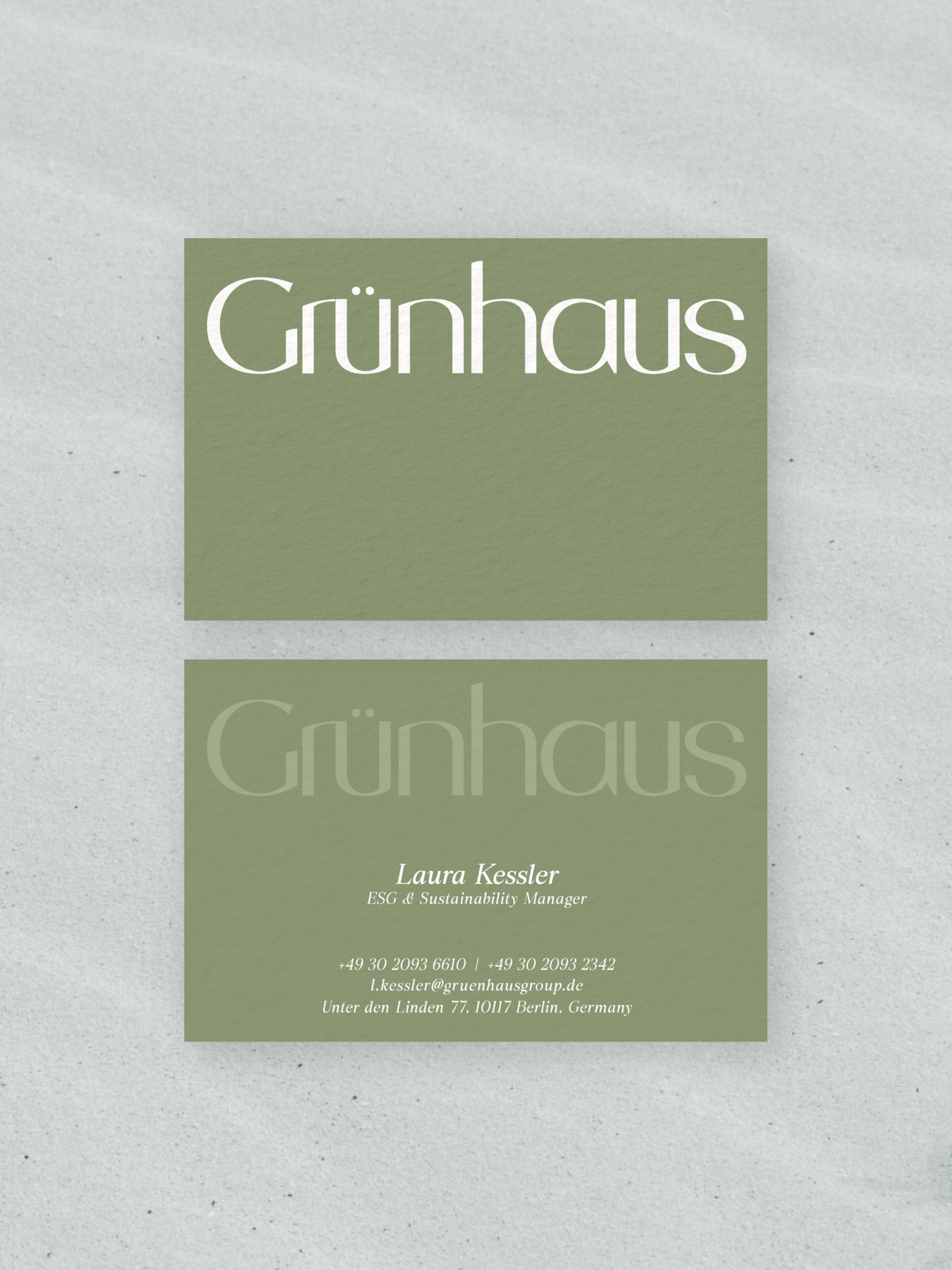 Sustainability Manager business card – Grunhaus Group corporate design – printed 300gsm matte cardstock