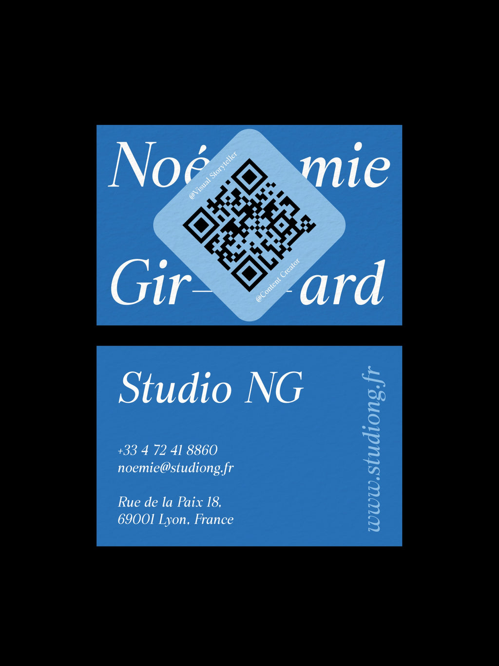 Visual Storyteller business card – Studio NG creative design – printed 300gsm matte cardstock