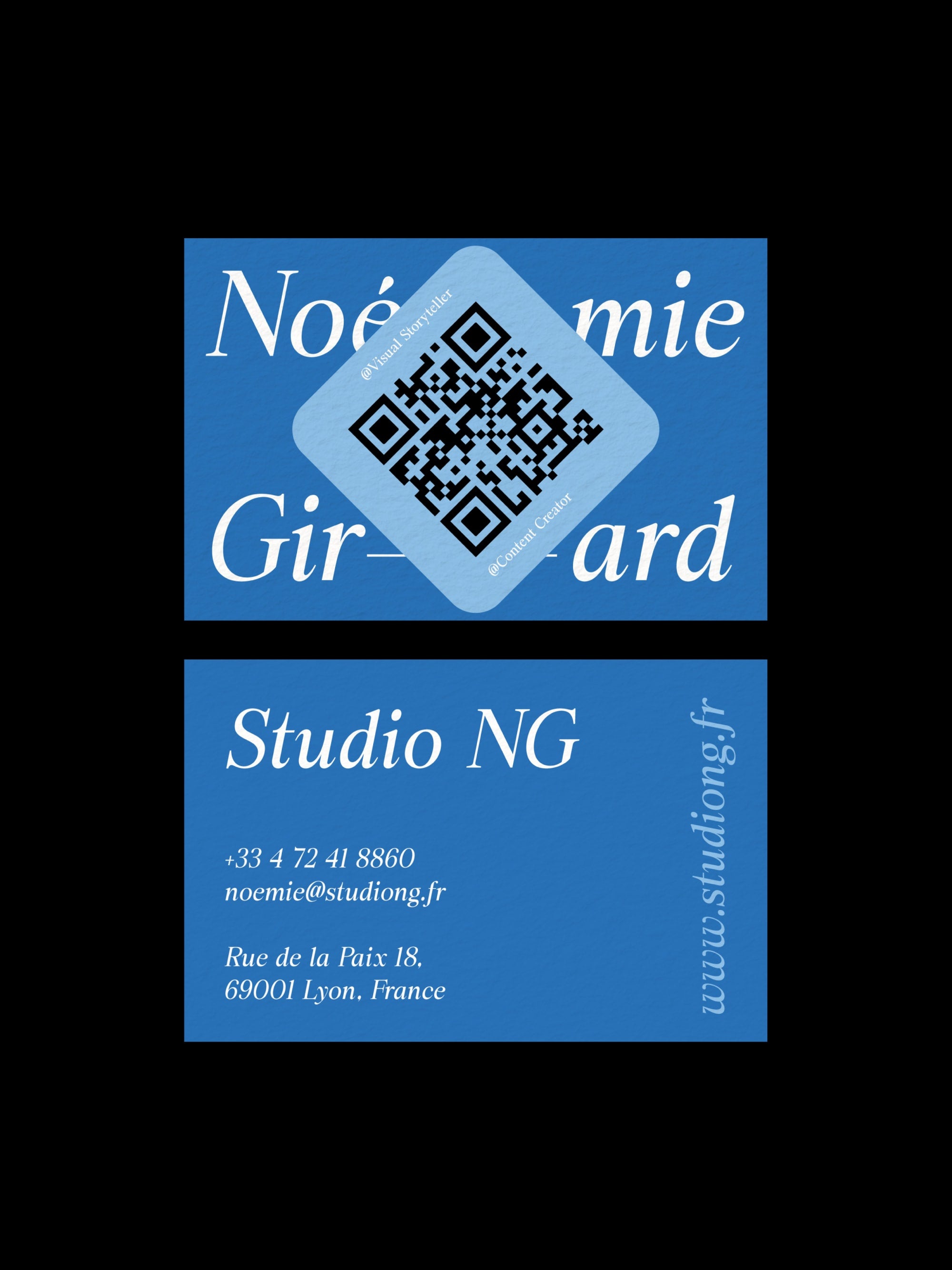 Visual Storyteller business card – Studio NG creative design – printed 300gsm matte cardstock