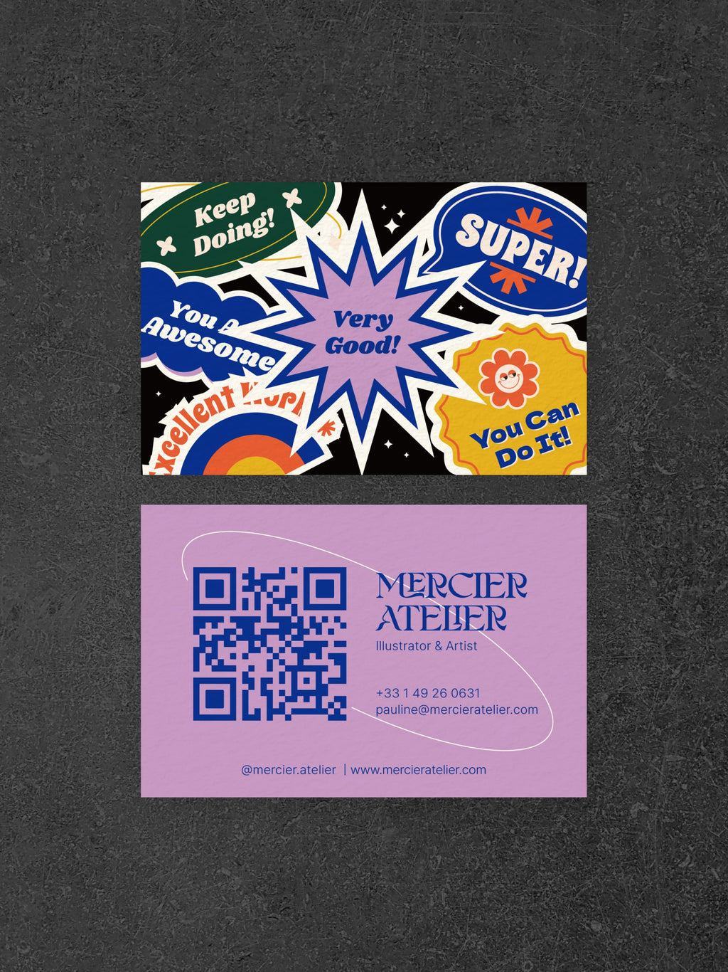 Illustrator Artist business card – Mercier Atelier artistic design – printed 300gsm matte cardstock