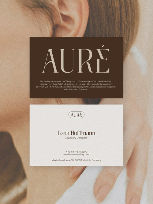 Jewellery Designer business card – Aure Jewellery refined design – printed 300gsm matte cardstock