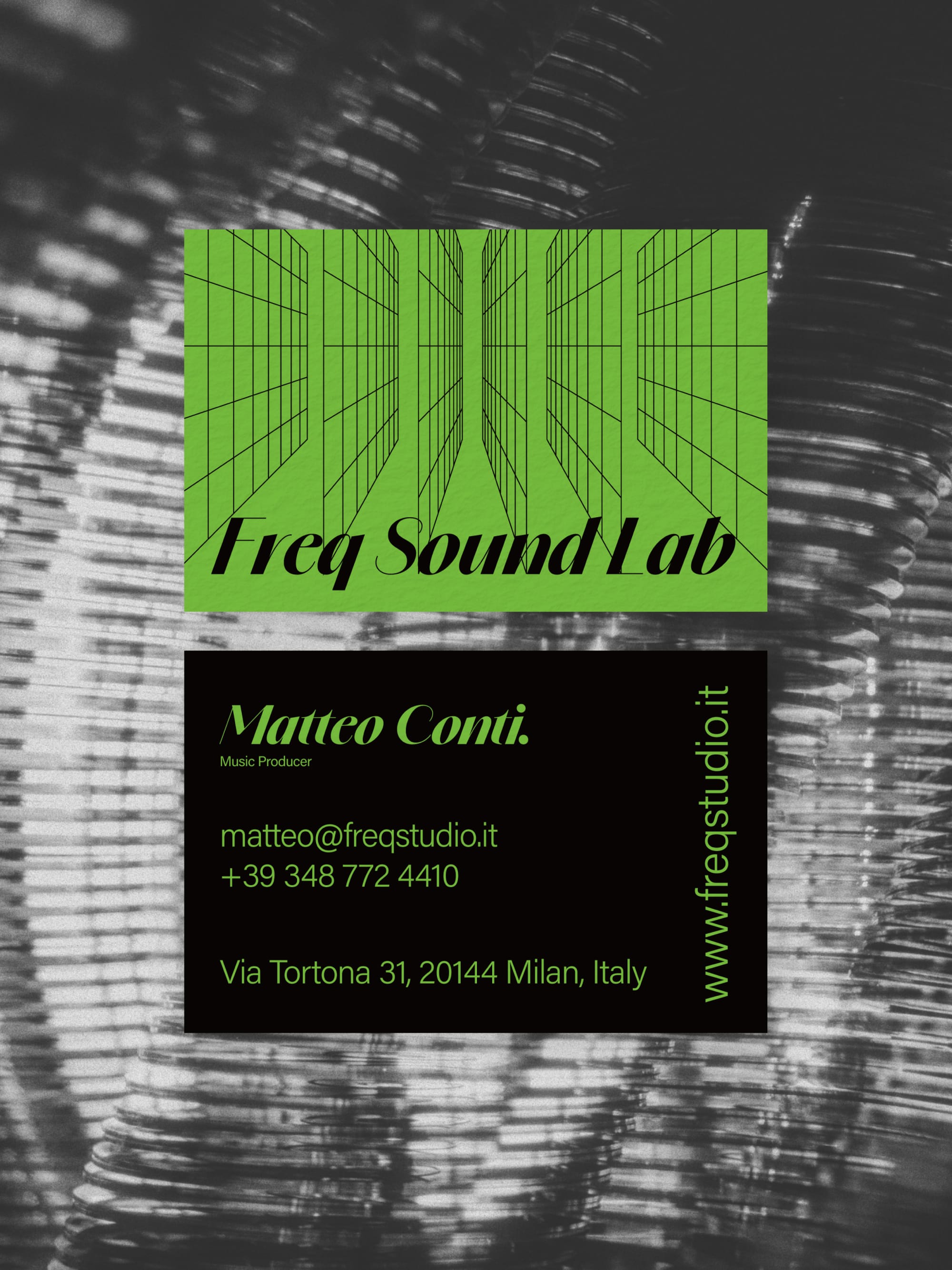 Music Producer business card – Freq Sound Lab dark design – printed 300gsm matte cardstock