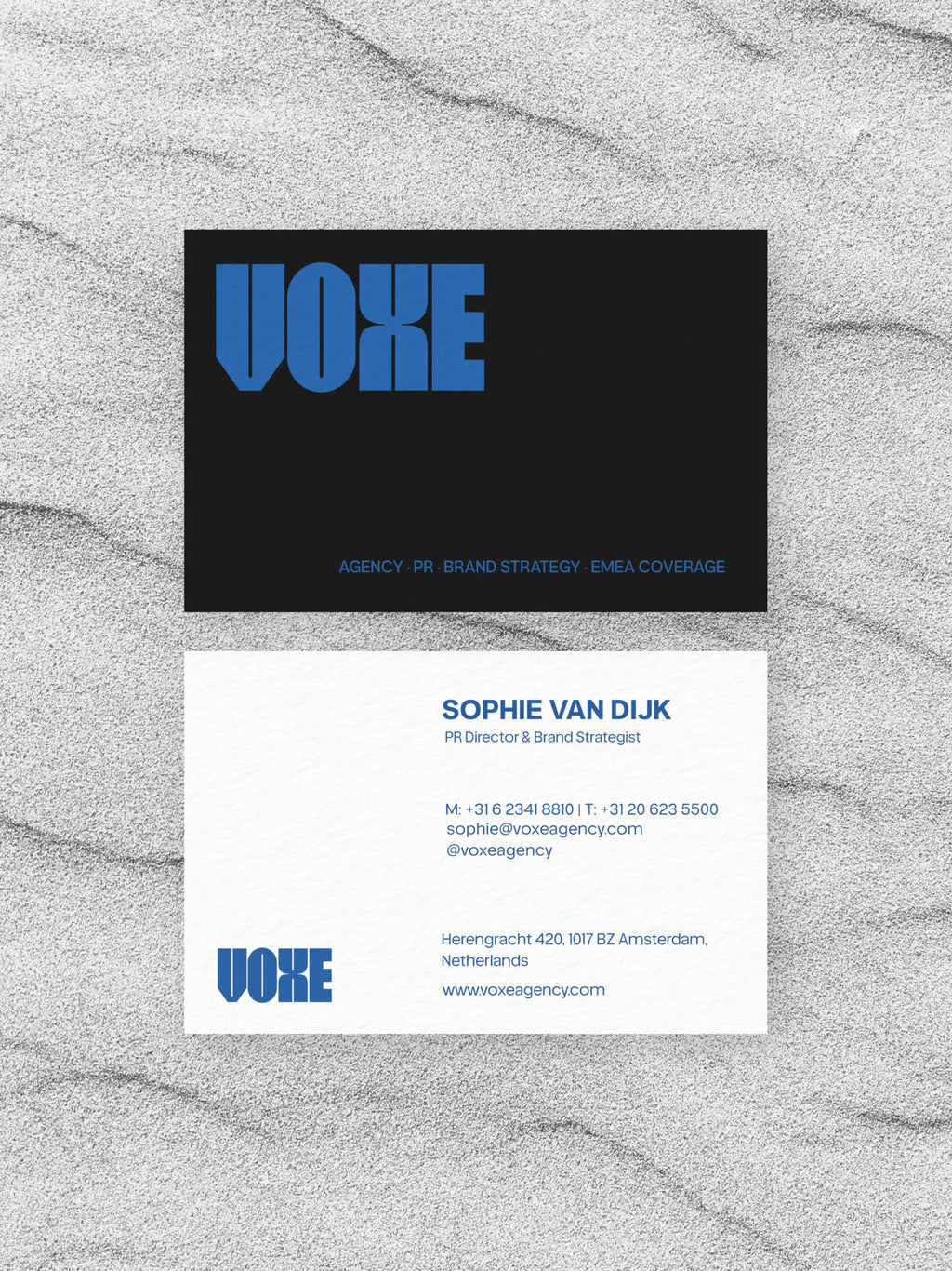 PR Agency business card – Voxe Agency agency design – printed 300gsm matte cardstock