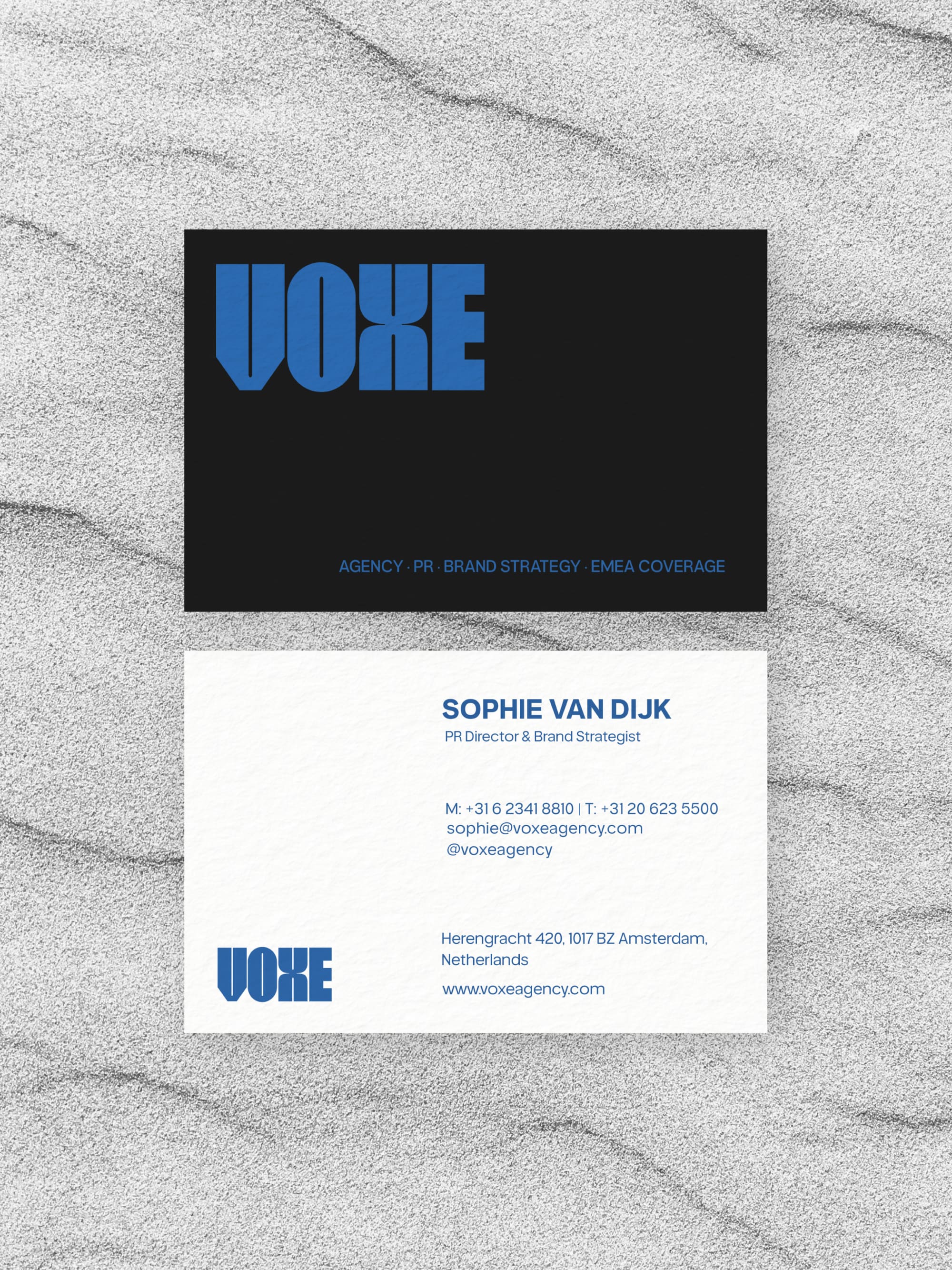 PR Agency business card – Voxe Agency agency design – printed 300gsm matte cardstock
