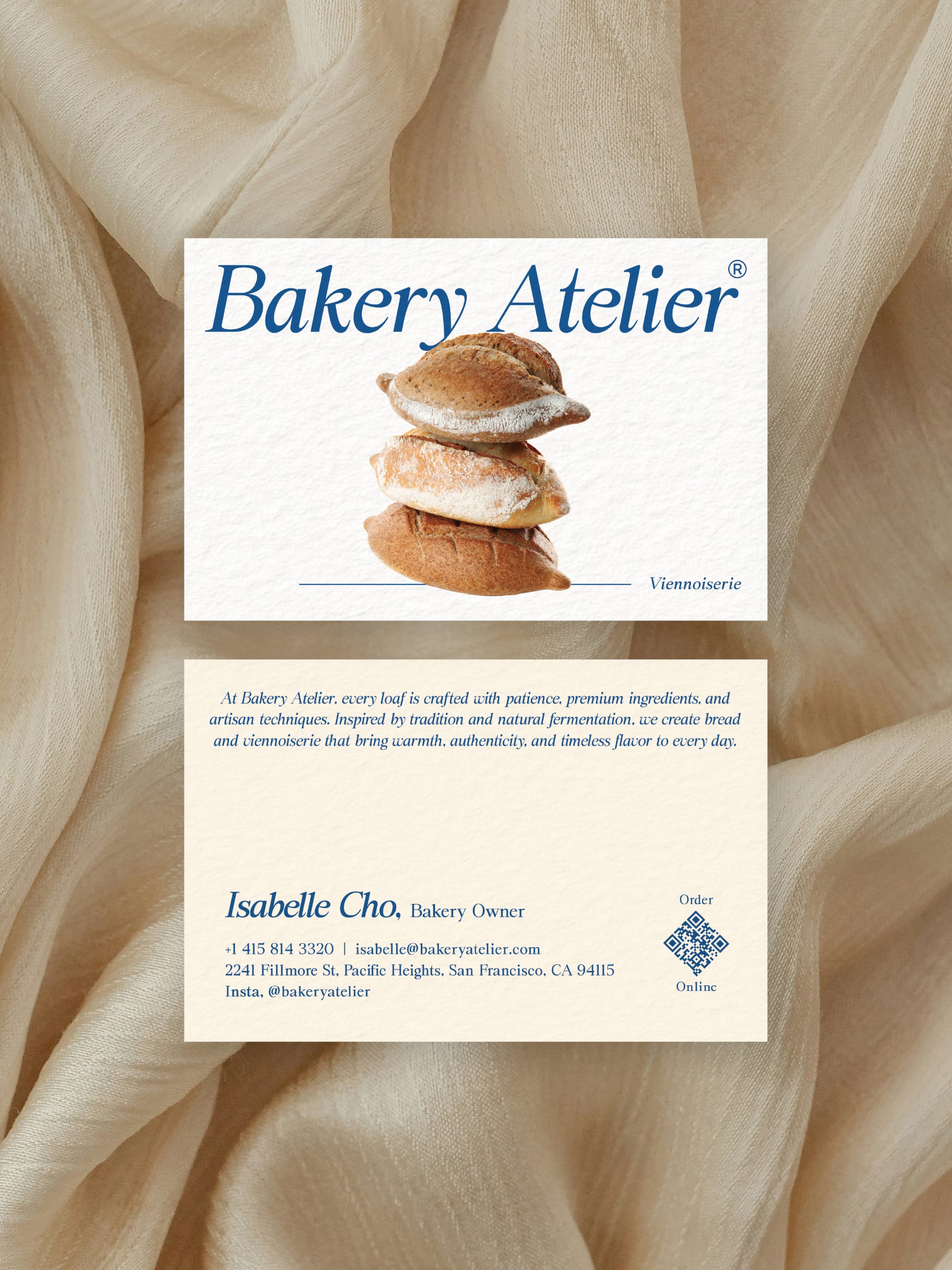 Bakery Owner business card – Bakery Atelier artisan design – printed 300gsm matte cardstock
