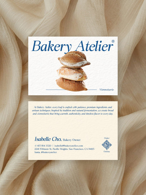 Bakery Owner business card – Bakery Atelier artisan design – printed 300gsm matte cardstock