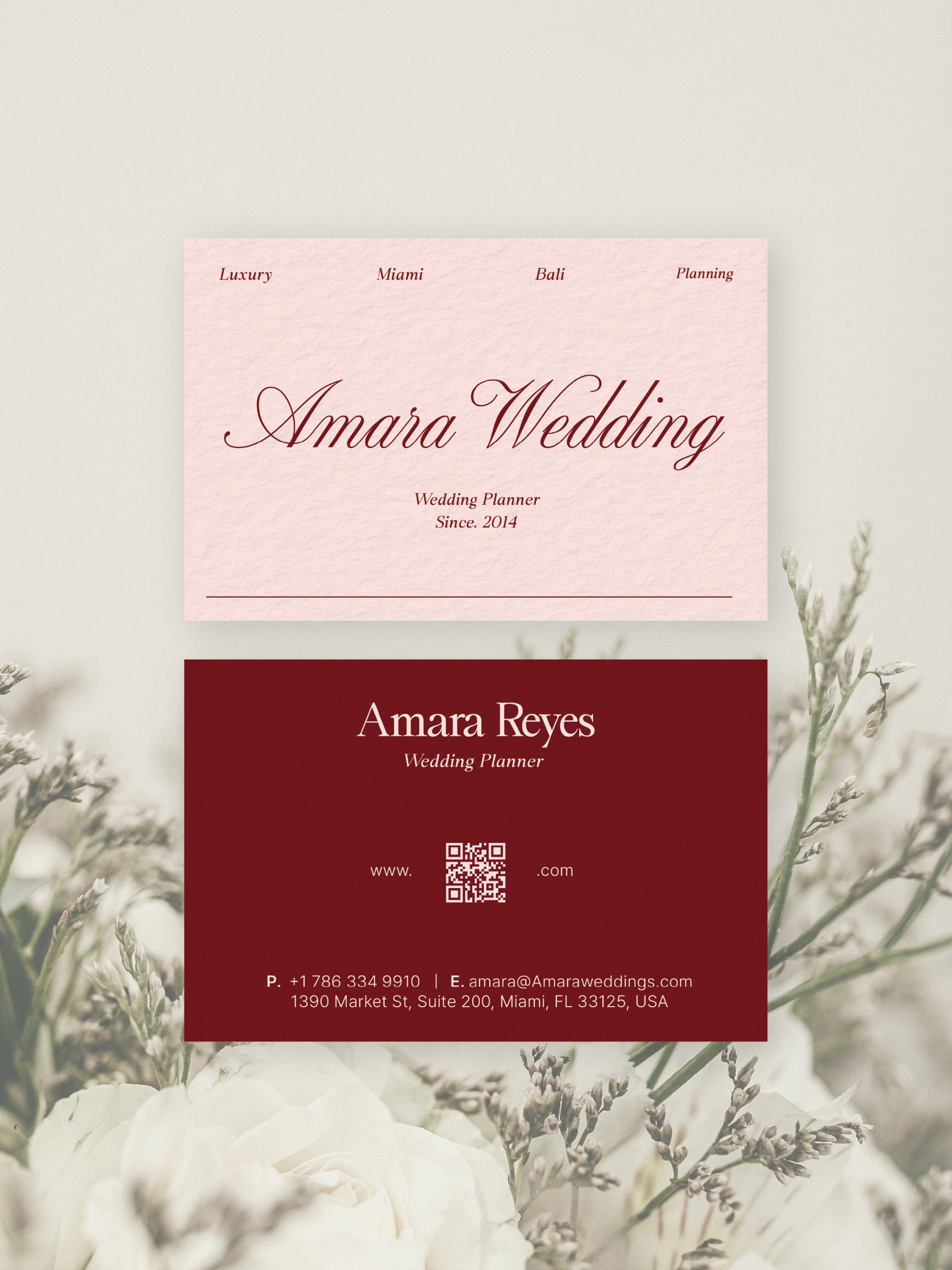 Wedding Planner business card – Amara Wedding romantic design – printed 300gsm matte cardstock