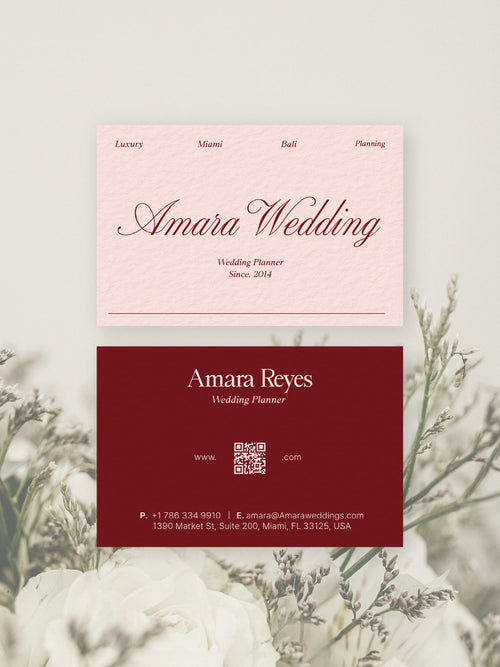 Wedding Planner business card – Amara Wedding romantic design – printed 300gsm matte cardstock