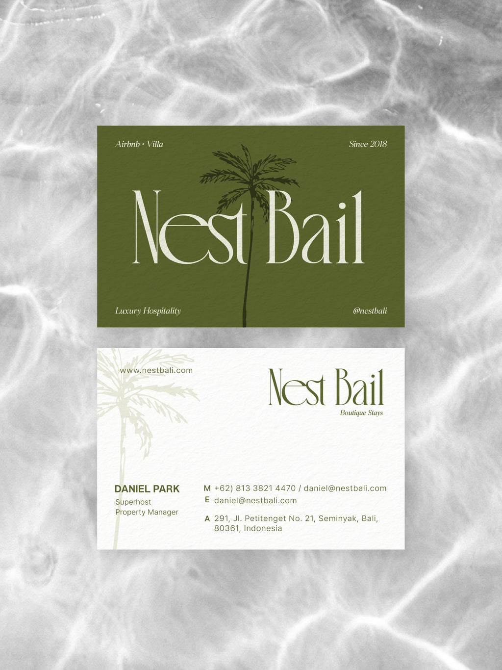 Airbnb Superhost business card – Nest Bali tropical design – printed 300gsm matte cardstock