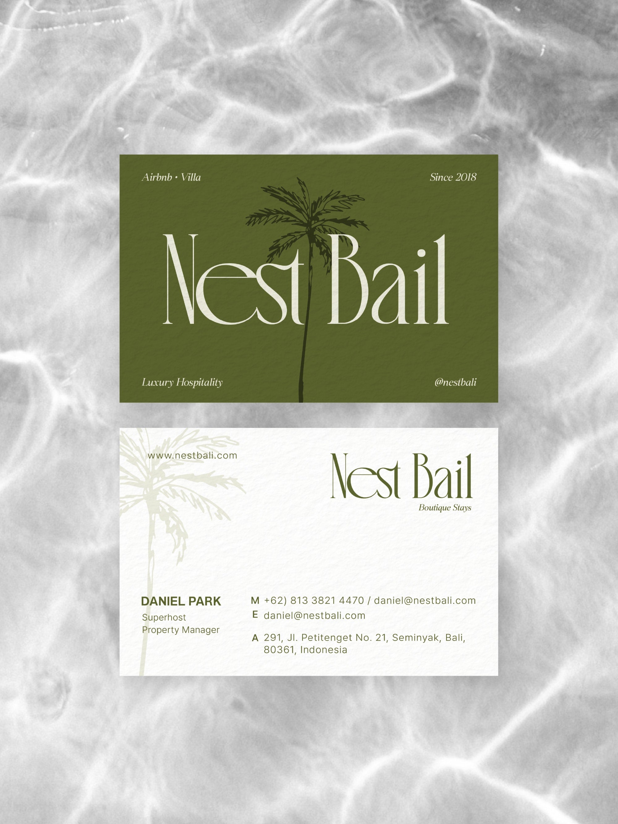 Airbnb Superhost business card – Nest Bali tropical design – printed 300gsm matte cardstock